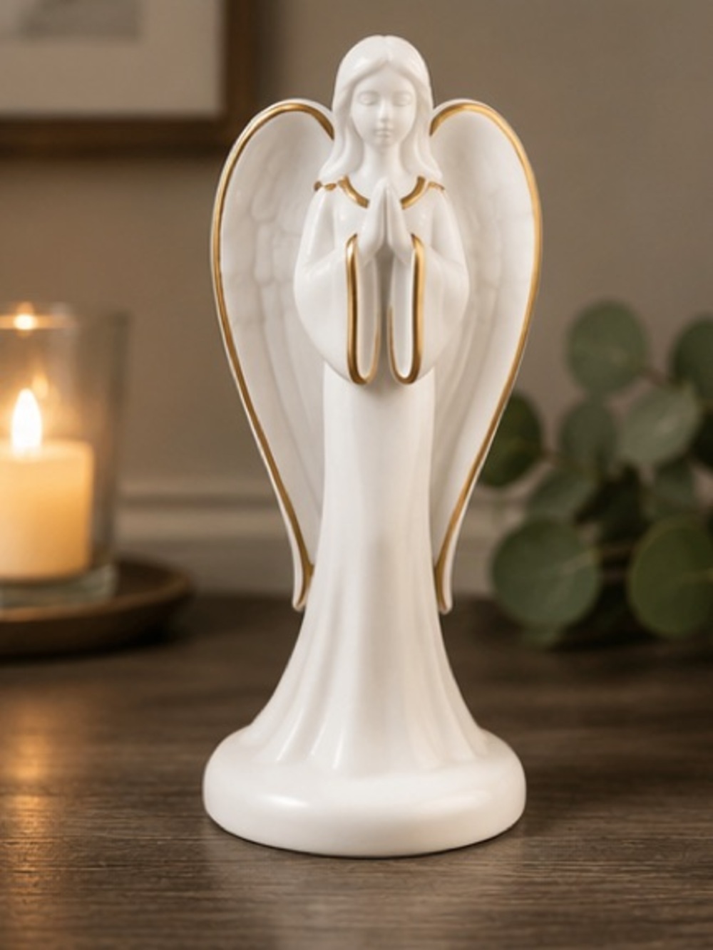 Serene White Angel Statue with Gold Trim